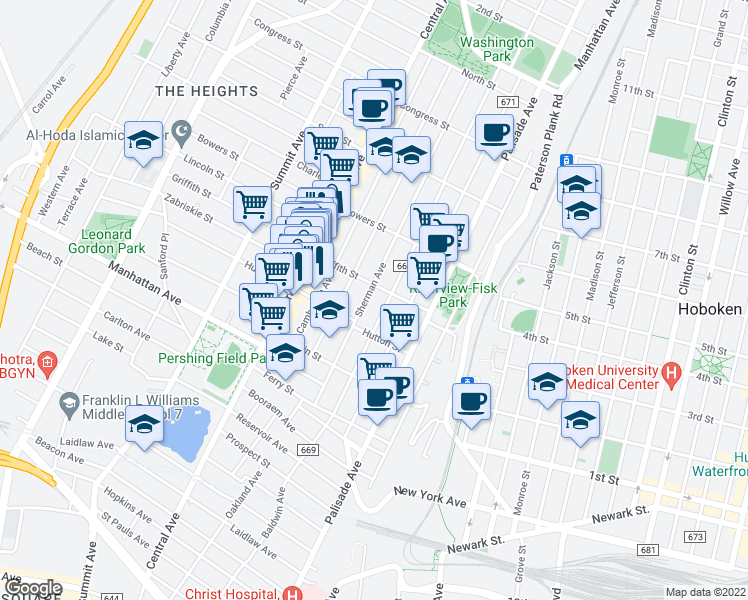 map of restaurants, bars, coffee shops, grocery stores, and more near 62 Hancock Avenue in Jersey City