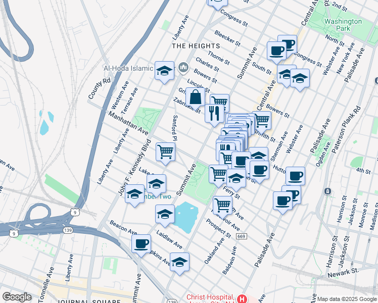 map of restaurants, bars, coffee shops, grocery stores, and more near 146 Manhattan Avenue in Jersey City