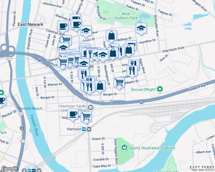 map of restaurants, bars, coffee shops, grocery stores, and more near 52 Washington Street in Harrison