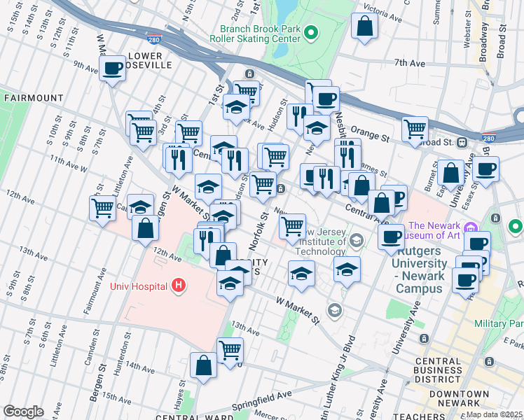 map of restaurants, bars, coffee shops, grocery stores, and more near 310 New Street in Newark