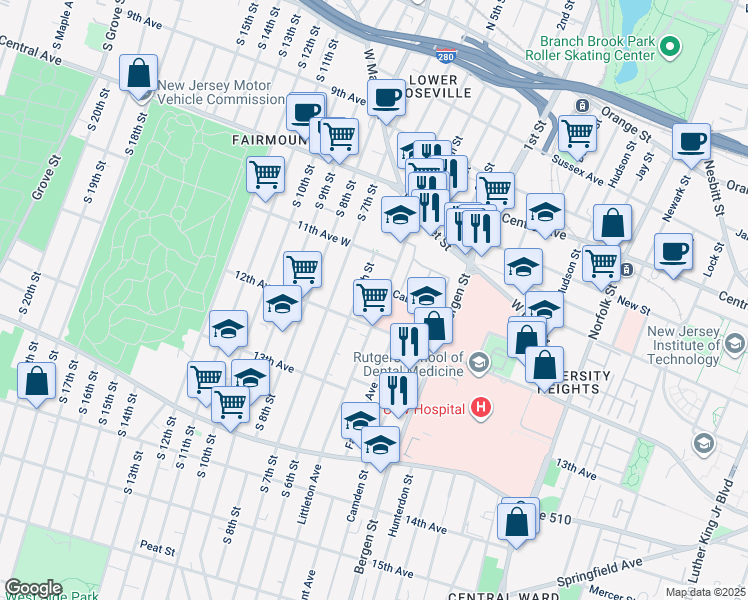 map of restaurants, bars, coffee shops, grocery stores, and more near 100 South 6th Street in Newark