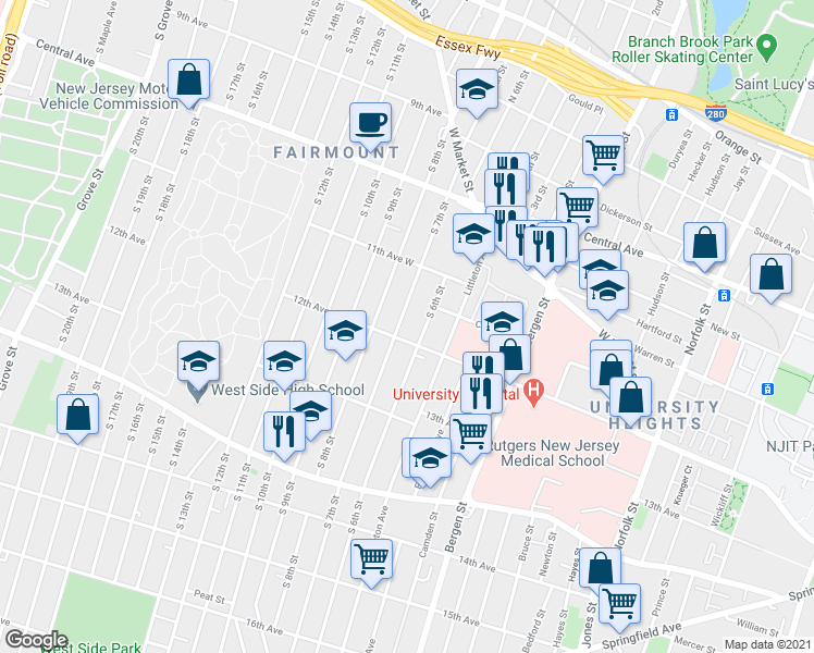 map of restaurants, bars, coffee shops, grocery stores, and more near in Newark