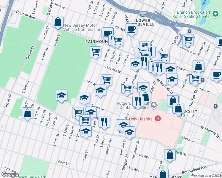 map of restaurants, bars, coffee shops, grocery stores, and more near in Newark