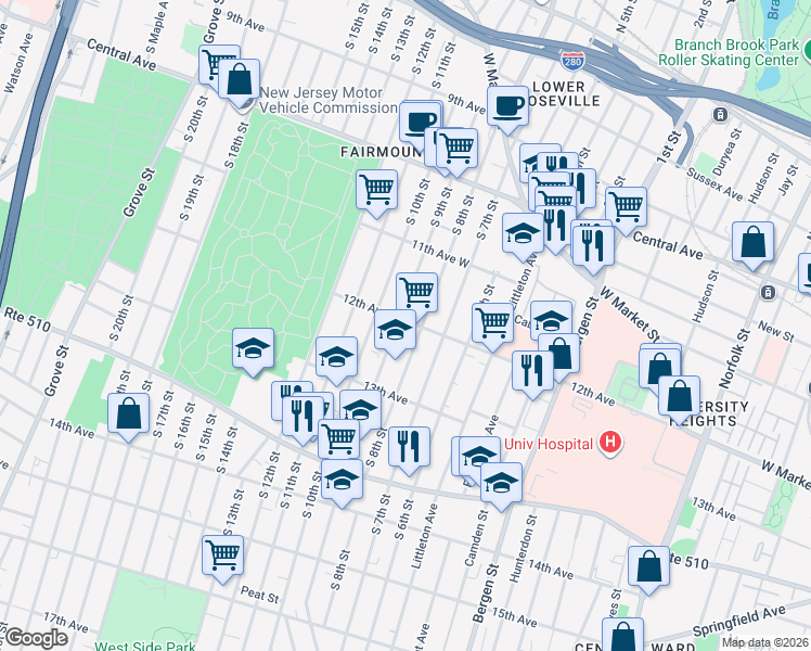 map of restaurants, bars, coffee shops, grocery stores, and more near 210 South 9th Street in Newark
