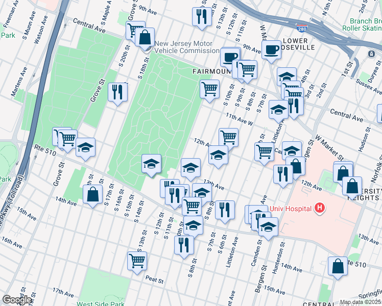 map of restaurants, bars, coffee shops, grocery stores, and more near 284 South 12th Street in Newark