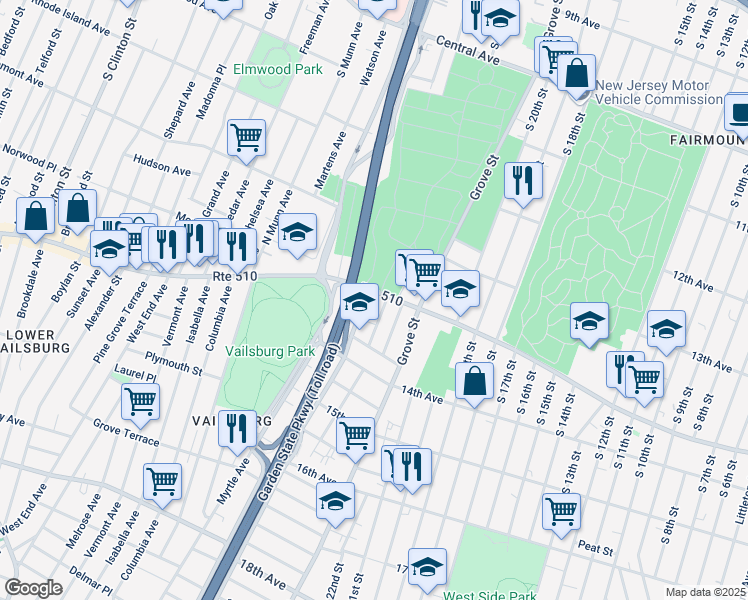 map of restaurants, bars, coffee shops, grocery stores, and more near 618 Route 510 in Newark