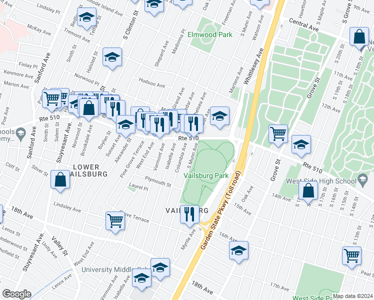 map of restaurants, bars, coffee shops, grocery stores, and more near 17 South Munn Avenue in Newark