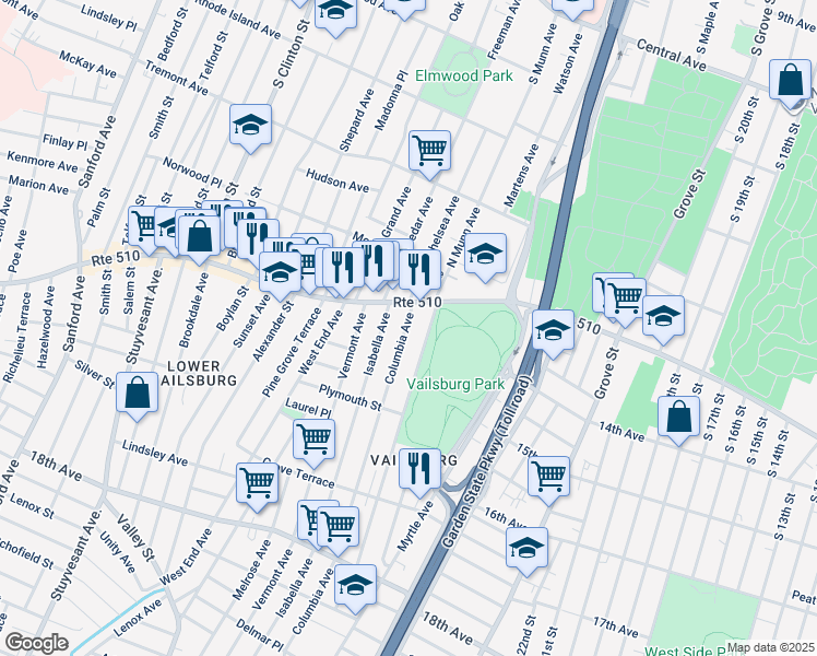map of restaurants, bars, coffee shops, grocery stores, and more near 17 South Munn Avenue in Newark