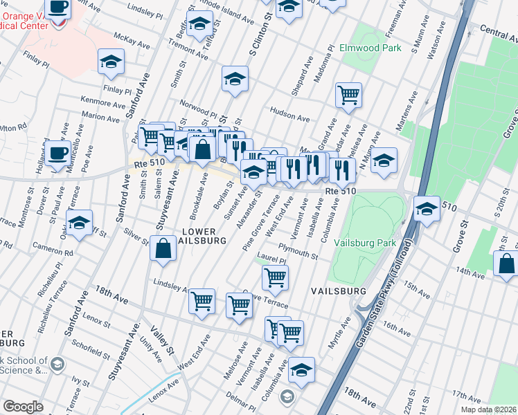 map of restaurants, bars, coffee shops, grocery stores, and more near 25 Pine Grove Terrace in Newark