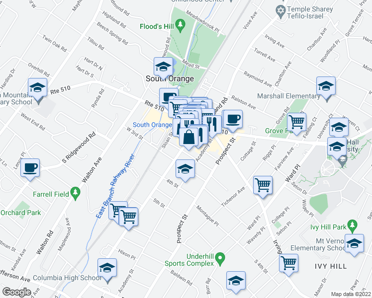map of restaurants, bars, coffee shops, grocery stores, and more near 60 1st Street in South Orange