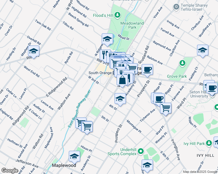 map of restaurants, bars, coffee shops, grocery stores, and more near 75 Mews Lane in South Orange