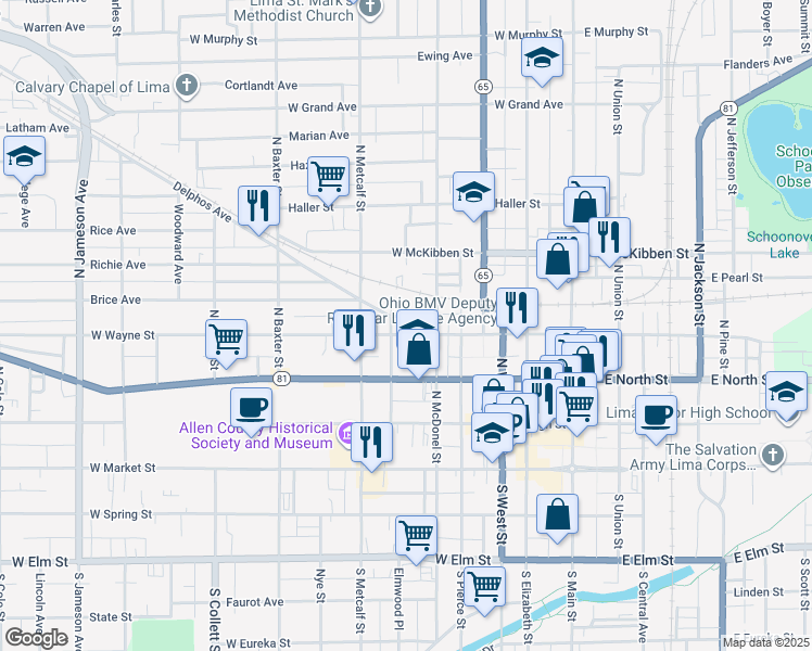 map of restaurants, bars, coffee shops, grocery stores, and more near 518 West Wayne Street in Lima