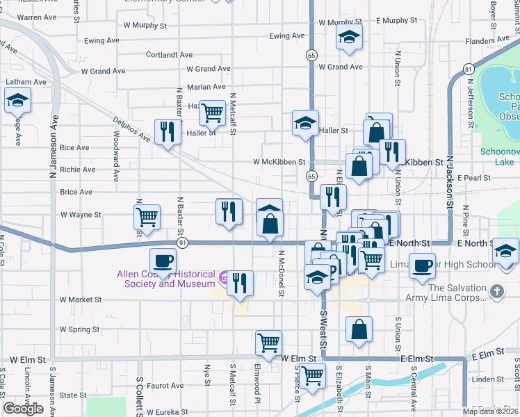 map of restaurants, bars, coffee shops, grocery stores, and more near 518 West Wayne Street in Lima