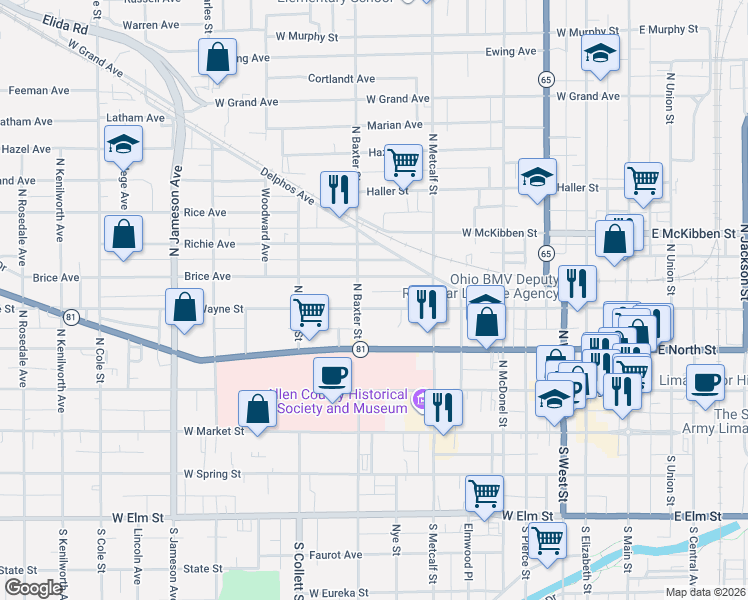map of restaurants, bars, coffee shops, grocery stores, and more near 760 West Wayne Street in Lima