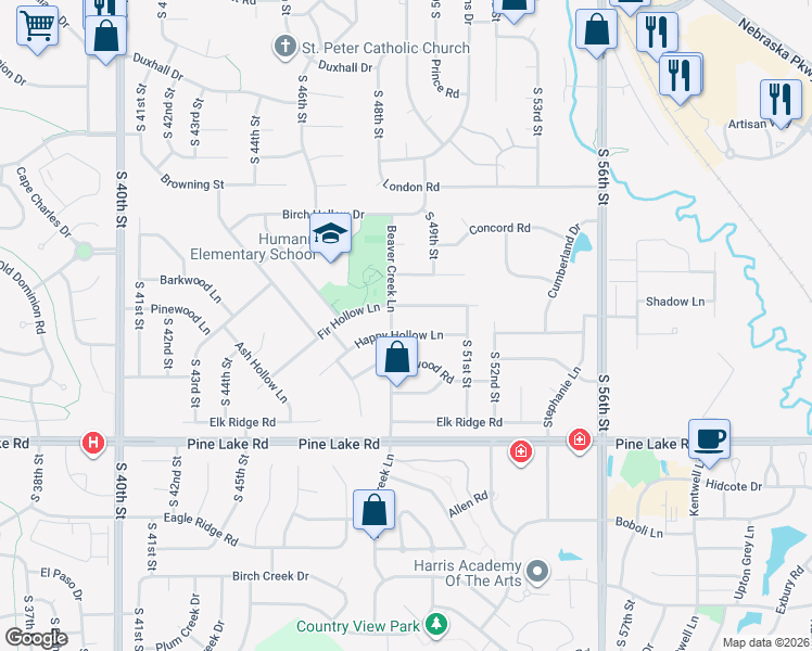 map of restaurants, bars, coffee shops, grocery stores, and more near 6710 Beaver Creek Lane in Lincoln