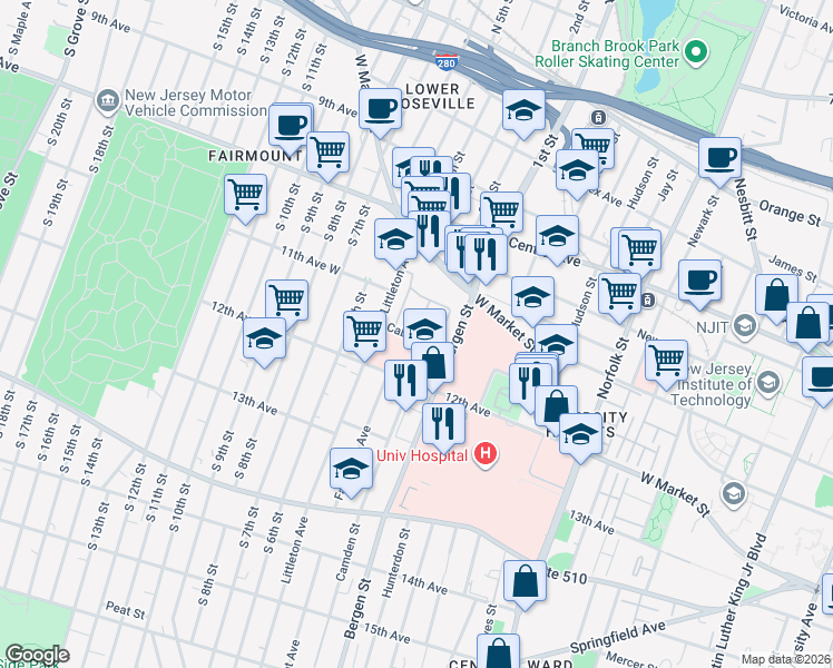 map of restaurants, bars, coffee shops, grocery stores, and more near 116 Georgia King Village in Newark