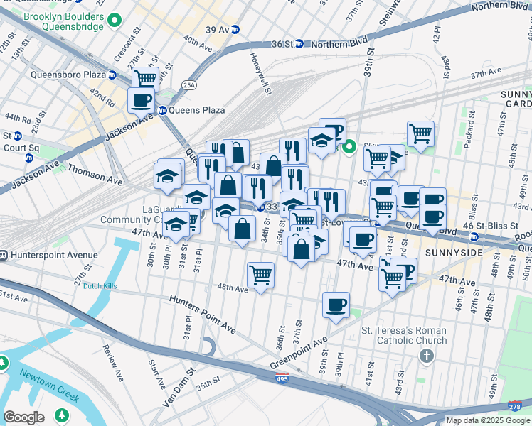 map of restaurants, bars, coffee shops, grocery stores, and more near 33-30 Queens Boulevard in Queens