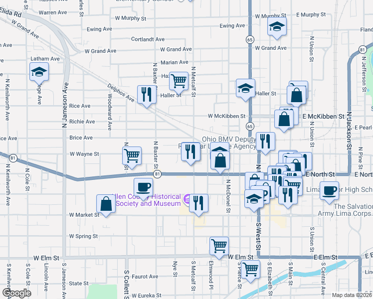 map of restaurants, bars, coffee shops, grocery stores, and more near 714 West Wayne Street in Lima