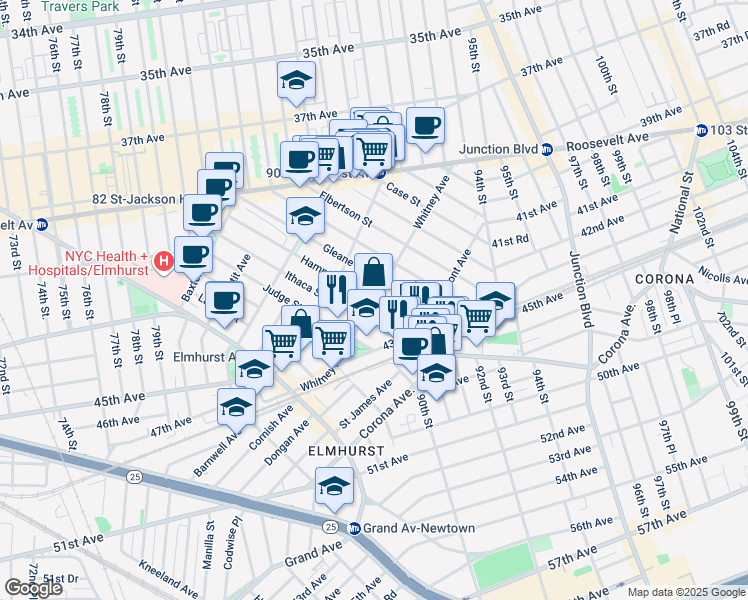 map of restaurants, bars, coffee shops, grocery stores, and more near 89-1 Whitney Avenue in Queens
