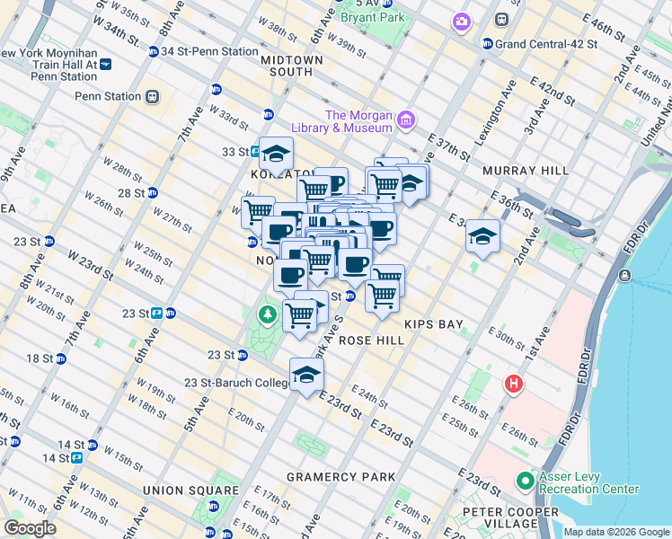 map of restaurants, bars, coffee shops, grocery stores, and more near 79 Madison Avenue in New York