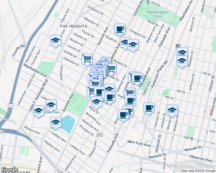 map of restaurants, bars, coffee shops, grocery stores, and more near 50 Cambridge Avenue in Jersey City