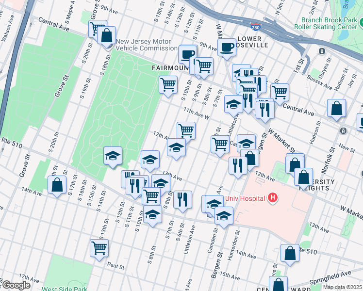 map of restaurants, bars, coffee shops, grocery stores, and more near 210 South 9th Street in Newark