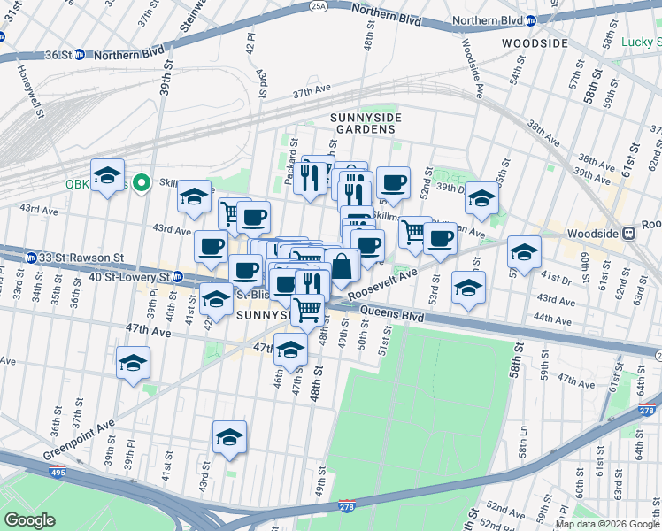 map of restaurants, bars, coffee shops, grocery stores, and more near 47-12 43rd Avenue in Queens