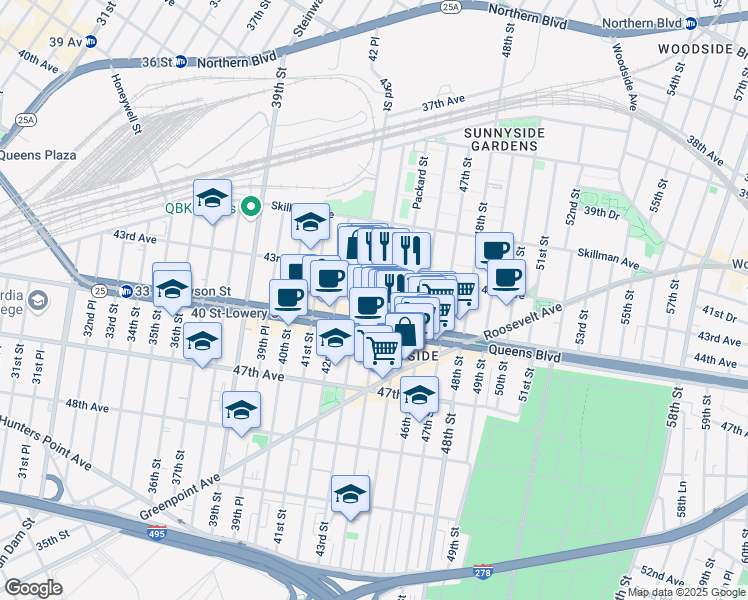 map of restaurants, bars, coffee shops, grocery stores, and more near in Queens