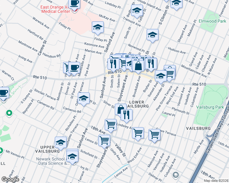 map of restaurants, bars, coffee shops, grocery stores, and more near 17 Rockland Terrace in Newark