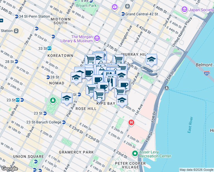 map of restaurants, bars, coffee shops, grocery stores, and more near 155 East 31st Street in New York