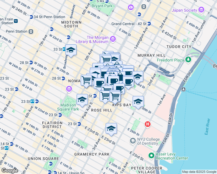 map of restaurants, bars, coffee shops, grocery stores, and more near 114 East 32nd Street in New York