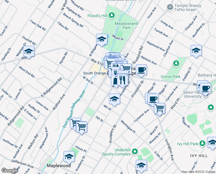 map of restaurants, bars, coffee shops, grocery stores, and more near 24 2nd Street in South Orange