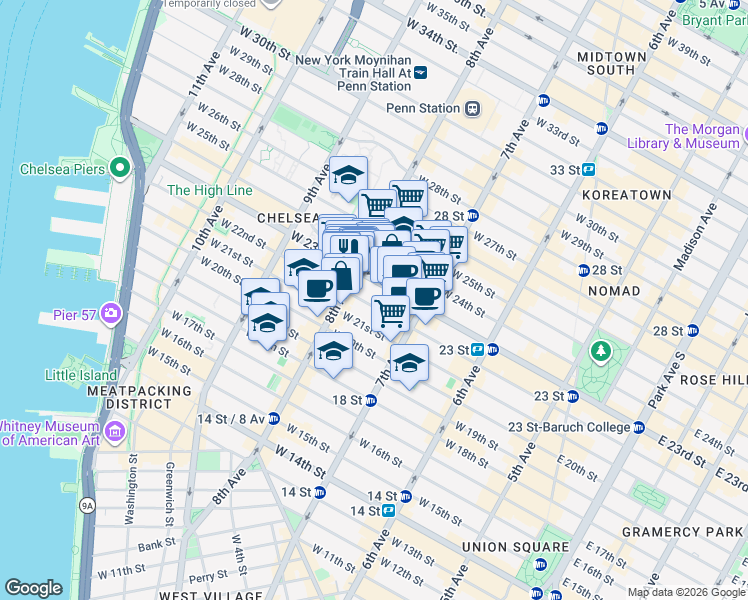 map of restaurants, bars, coffee shops, grocery stores, and more near 240 West 22nd Street in New York