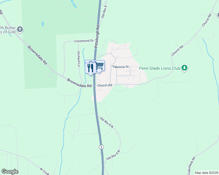 map of restaurants, bars, coffee shops, grocery stores, and more near 108 Church Road in Butler