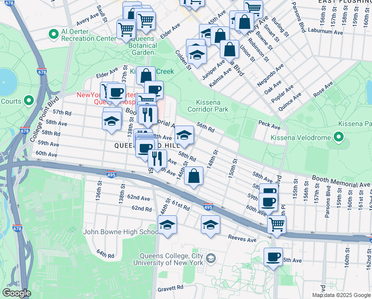 map of restaurants, bars, coffee shops, grocery stores, and more near 58-02 146th Street in Queens