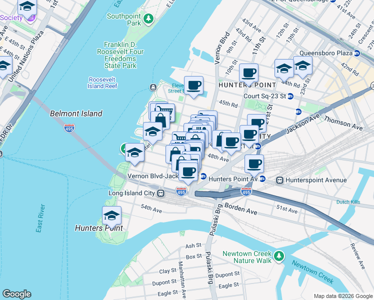 map of restaurants, bars, coffee shops, grocery stores, and more near 48th Avenue in New York