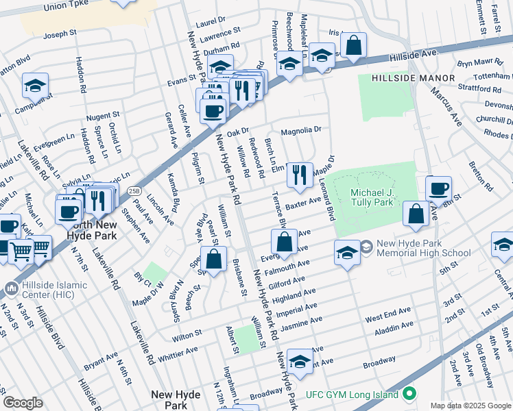 map of restaurants, bars, coffee shops, grocery stores, and more near 10 Ashland Ave in New Hyde Park