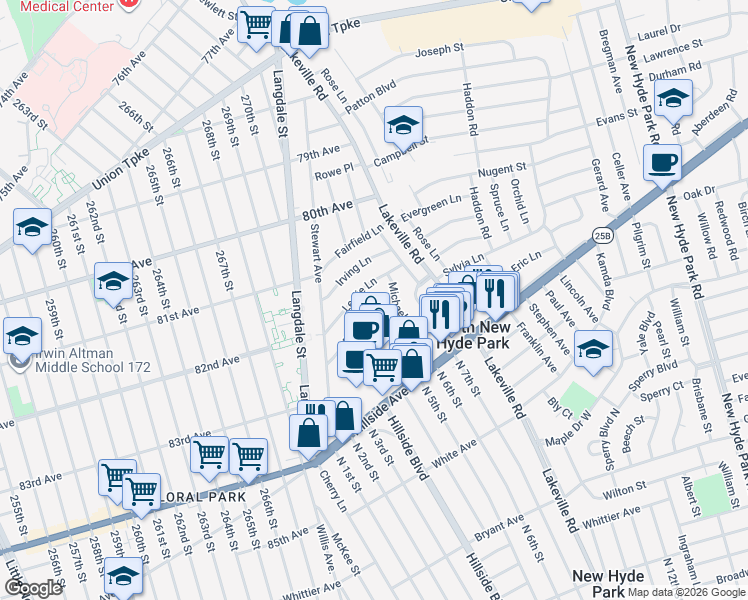 map of restaurants, bars, coffee shops, grocery stores, and more near 14 Peter Lane in New Hyde Park
