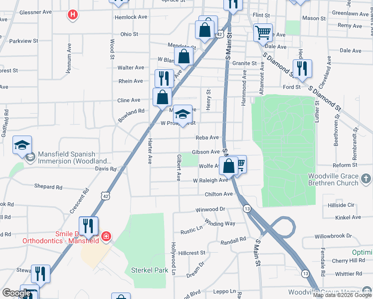 map of restaurants, bars, coffee shops, grocery stores, and more near 70 Gibson Avenue in Mansfield