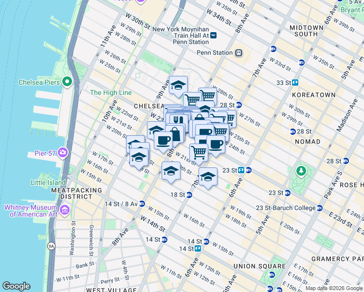 map of restaurants, bars, coffee shops, grocery stores, and more near 240 West 22nd Street in New York