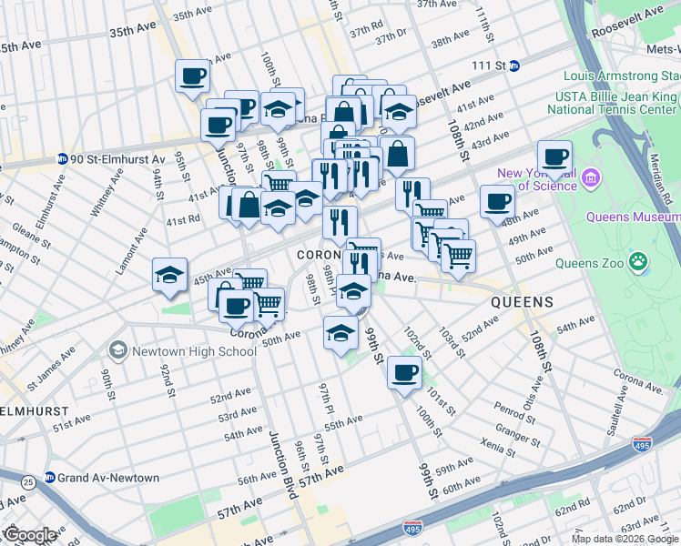 map of restaurants, bars, coffee shops, grocery stores, and more near 99-10 Corona Avenue in Queens