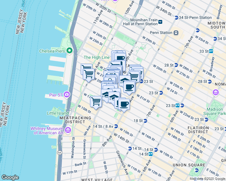 map of restaurants, bars, coffee shops, grocery stores, and more near 162 9th Avenue in New York
