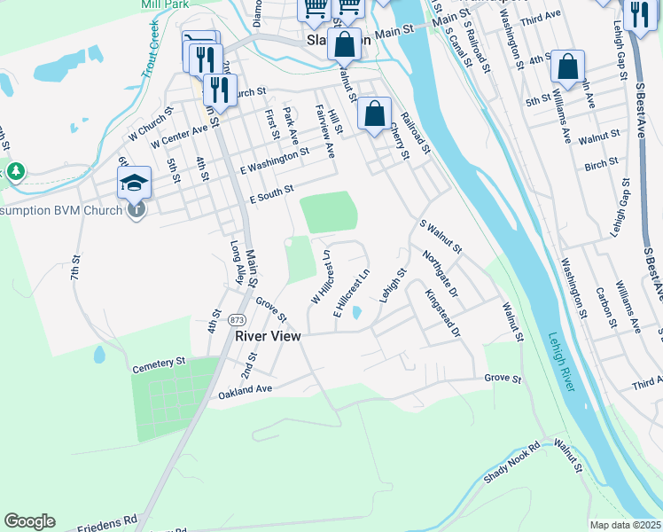 map of restaurants, bars, coffee shops, grocery stores, and more near 7361 West Hillcrest Lane in Slatington