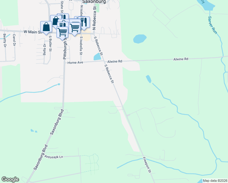 map of restaurants, bars, coffee shops, grocery stores, and more near 264 South Rebecca Street in Saxonburg