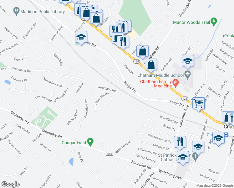 map of restaurants, bars, coffee shops, grocery stores, and more near 10 Woodland Road in Madison