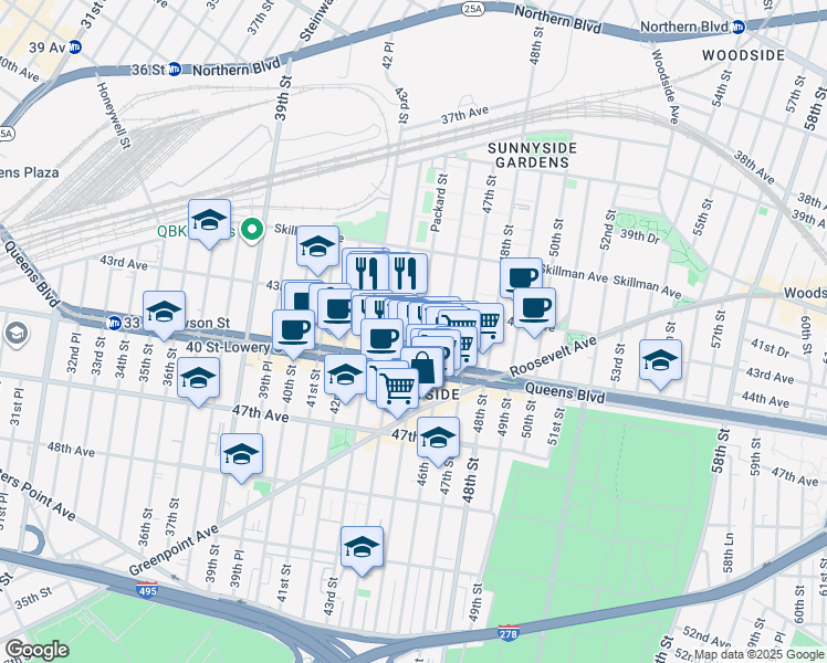 map of restaurants, bars, coffee shops, grocery stores, and more near in Queens