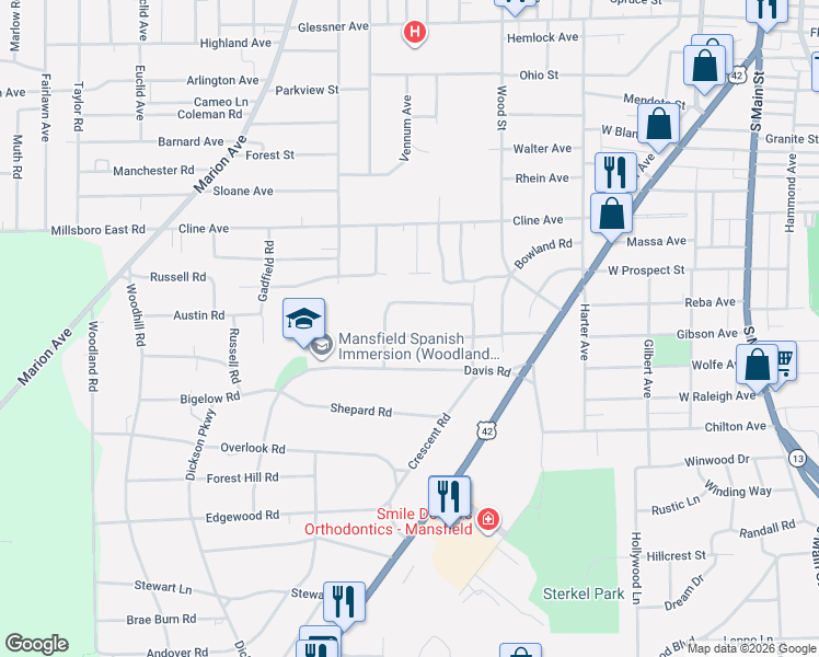 map of restaurants, bars, coffee shops, grocery stores, and more near 372 Ruth Avenue in Mansfield