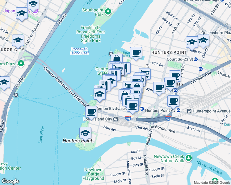 map of restaurants, bars, coffee shops, grocery stores, and more near in Queens