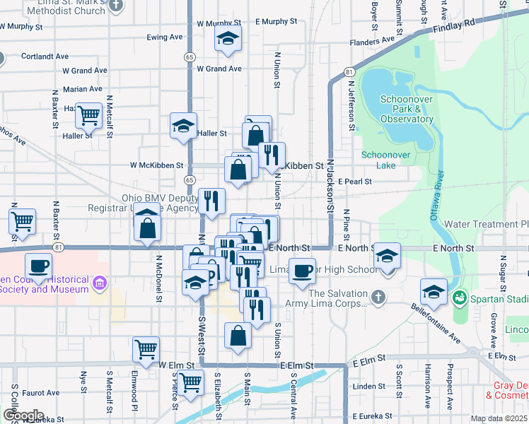 map of restaurants, bars, coffee shops, grocery stores, and more near 139 East Wayne Street in Lima