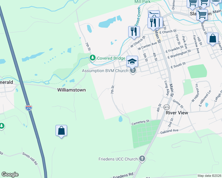 map of restaurants, bars, coffee shops, grocery stores, and more near 402 7th Street in Slatington
